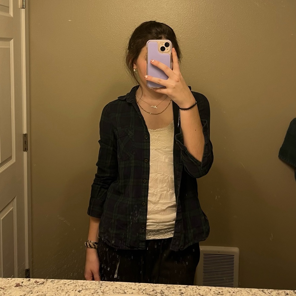 Green and blue plan button up